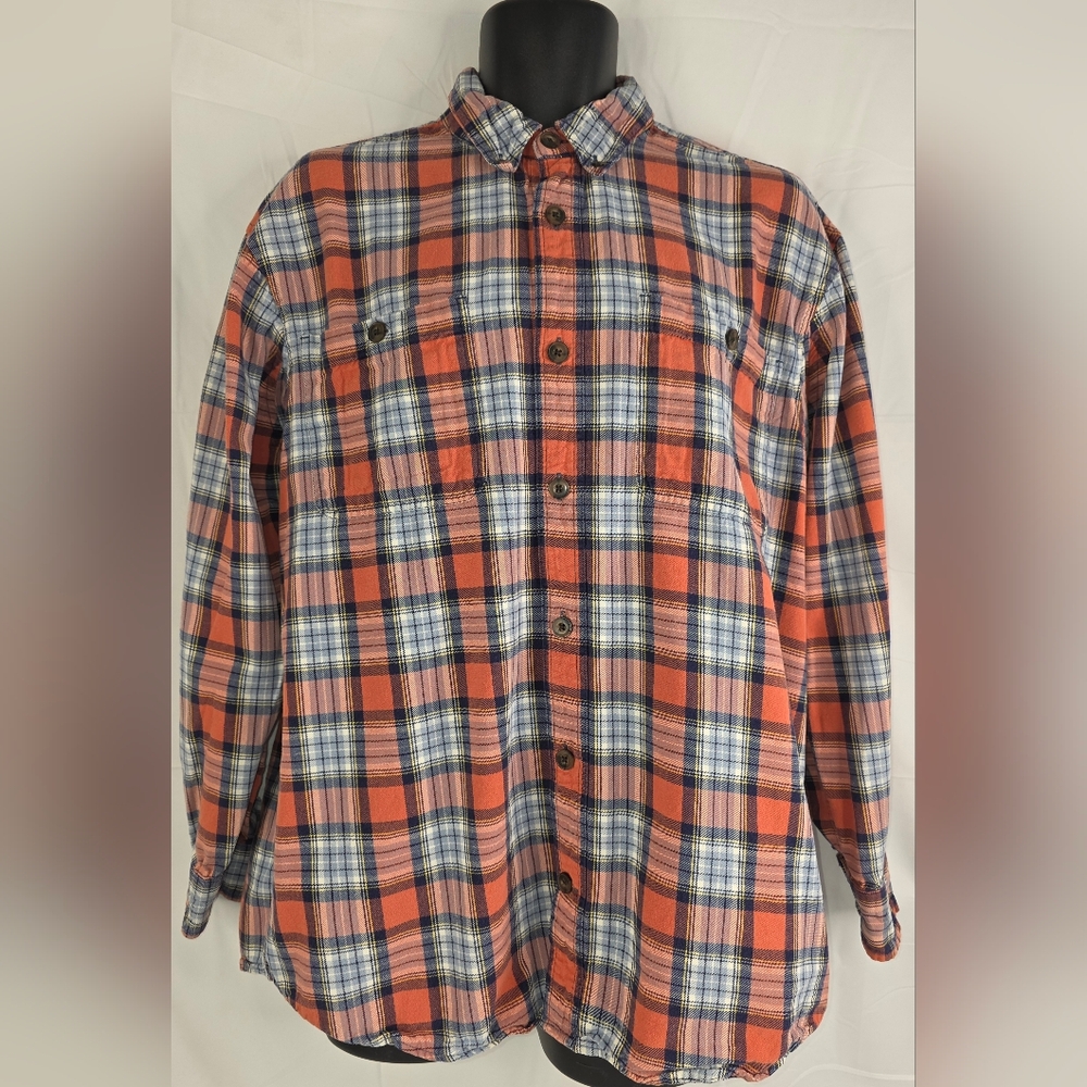 Duluth Trading Co Plaid Flannel Button Down Shirt Orange Size Large CN-3224